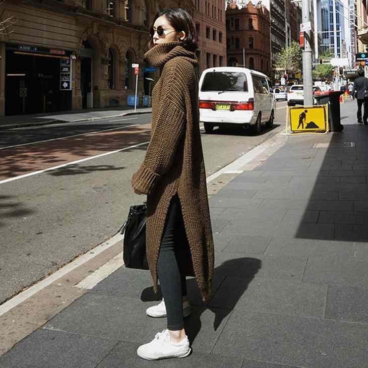 レディース　オフタートルネック　ニット　ワンピース　ロング　サイドスリット　長袖　無地　ゆったり　秋冬　カジュアル　大人可愛い　フリーサイズ　シンプル　リゾート　デイリー　お出かけ　デート　ブラウン　送料無料