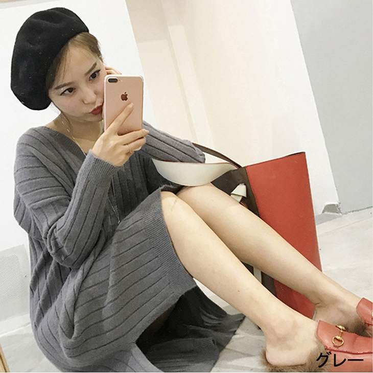 レディース　Vネック　ニット　ワンピース　ミモレ丈　長袖　サイドスリット　無地　ゆったり　秋冬　カジュアル　大人可愛い　シンプル　リゾート　デイリー　お出かけ　デート　グリーン　グレー　送料無料