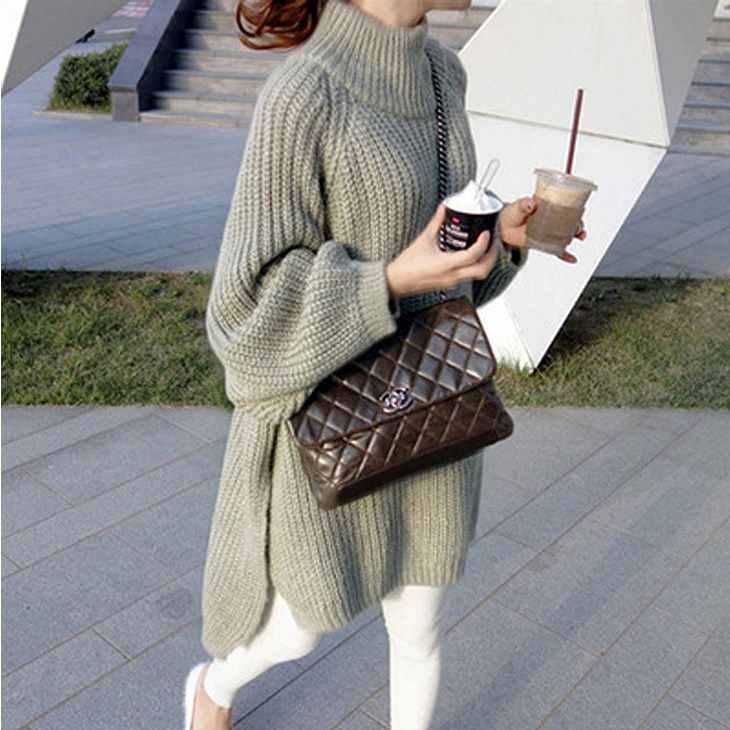 レディース　ハイネック　ニット　ロング　セーター　サイドスリット　長袖　無地　ゆったり　秋冬　カジュアル　大人可愛い　シンプル　フリーサイズ　リゾート　デイリー　お出かけ　デート　グリーン　ブラック　送料無料