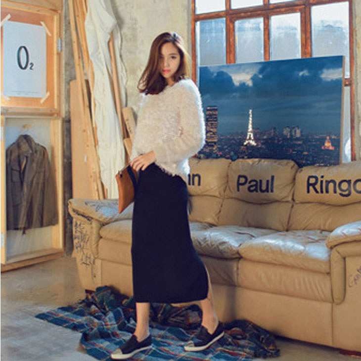 レディース　ニット　スカート　タイト　膝下丈　無地　ウエストゴム　カジュアル　大人可愛い　秋冬　シンプル　リゾート　普段着　デイリー　お出かけ　デート　ブラック　グレー　送料無料