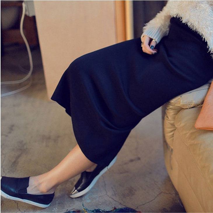 レディース　ニット　スカート　タイト　膝下丈　無地　ウエストゴム　カジュアル　大人可愛い　秋冬　シンプル　リゾート　普段着　デイリー　お出かけ　デート　ブラック　グレー　送料無料