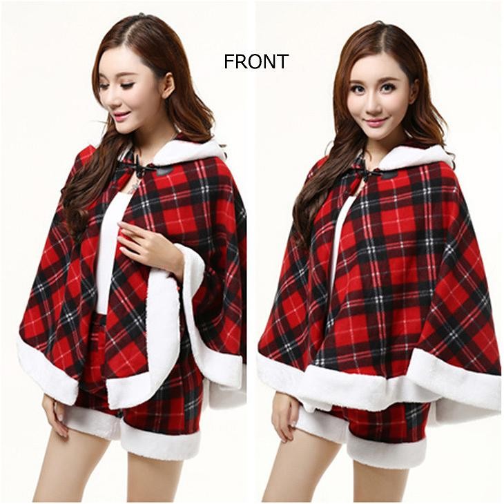 レディース　クリスマス　タータンチェック　フード付きケープ　ルームウェア　ショートパンツ　部屋着　イベント　衣装　仮装　パーティ　レッド　送料無料
