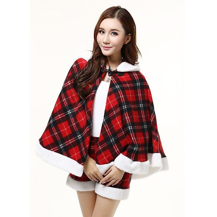レディース　クリスマス　タータンチェック　フード付きケープ　ルームウェア　ショートパンツ　部屋着　イベント　衣装　仮装　パーティ　レッド　送料無料