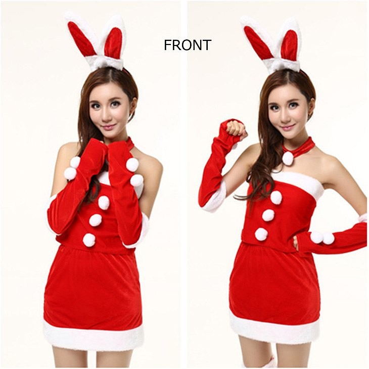 レディース　コスチューム　サンタクロース　ミニワンピース　ベアトップ　ウサギ耳　イベント　本格派　公演　演劇　ステージ　コスプレ　衣装　仮装　パーティ　送料無料