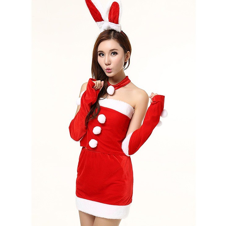 レディース　コスチューム　サンタクロース　ミニワンピース　ベアトップ　ウサギ耳　イベント　本格派　公演　演劇　ステージ　コスプレ　衣装　仮装　パーティ　送料無料