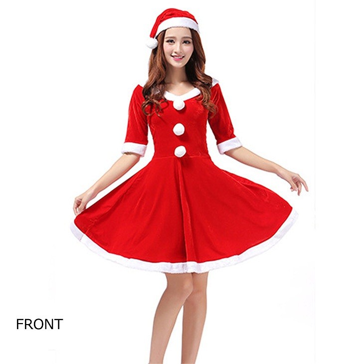 レディース　コスチューム　サンタクロース　ワンピース　ボートネック　五分袖　イベント　本格派　公演　演劇　ステージ　コスプレ　衣装　仮装　パーティ　送料無料