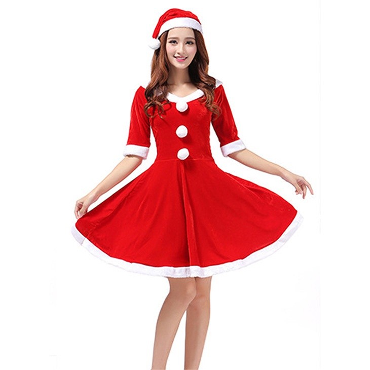 レディース　コスチューム　サンタクロース　ワンピース　ボートネック　五分袖　イベント　本格派　公演　演劇　ステージ　コスプレ　衣装　仮装　パーティ　送料無料