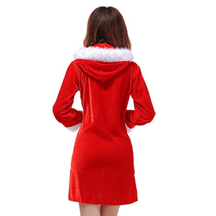 レディース　コスチューム　サンタクロース　ワンピース　フード付き　ファー　七分袖　イベント　本格派　公演　演劇　ステージ　コスプレ　衣装　仮装　パーティ　送料無料