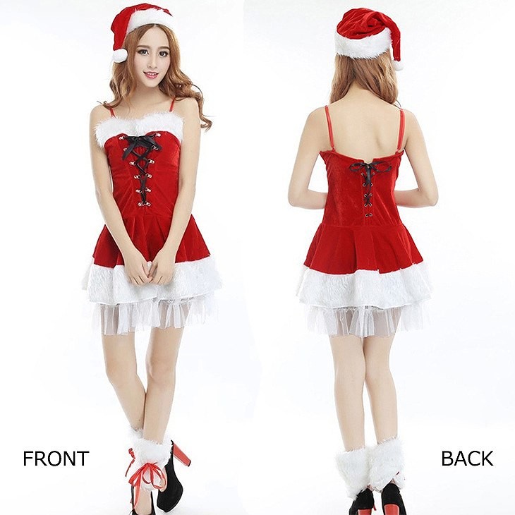 レディース　コスチューム　サンタクロース　ミニワンピース　ベアトップ　ティアードフリル　イベント　本格派　公演　演劇　ステージ　コスプレ　衣装　仮装　パーティ　送料無料