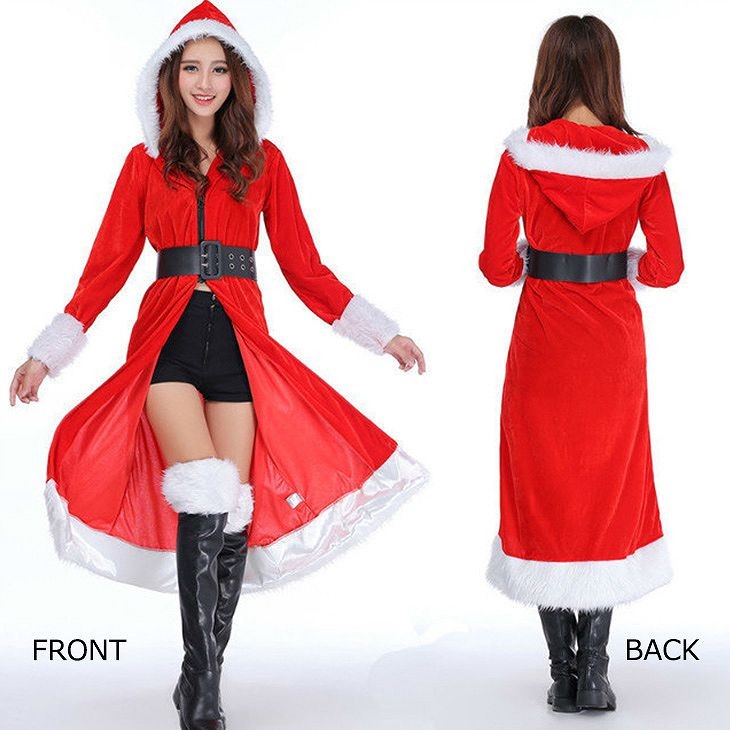 レディース　コスチューム　サンタクロース　フードマント　ファー膝あて・ベルト付き　イベント　本格派　公演　演劇　ステージ　コスプレ　衣装　仮装　パーティ　送料無料
