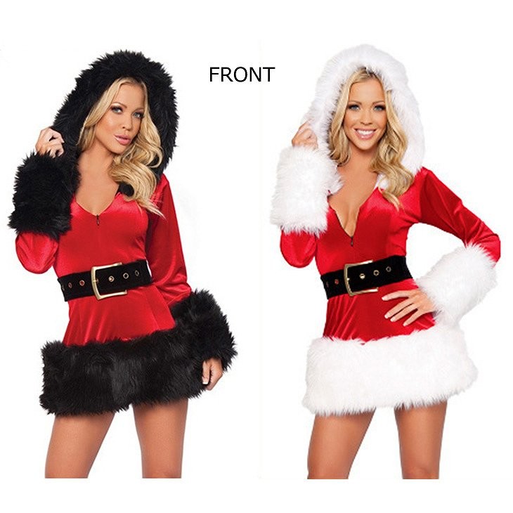 レディース　コスチューム　サンタクロース　ミニワンピ　フード付き　ベルト付き　イベント　本格派　公演　演劇　ステージ　コスプレ　衣装　仮装　パーティ　ホワイト　ブラック　送料無料