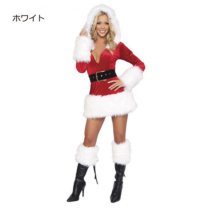 レディース　コスチューム　サンタクロース　ミニワンピ　フード付き　ベルト付き　イベント　本格派　公演　演劇　ステージ　コスプレ　衣装　仮装　パーティ　ホワイト　ブラック　送料無料