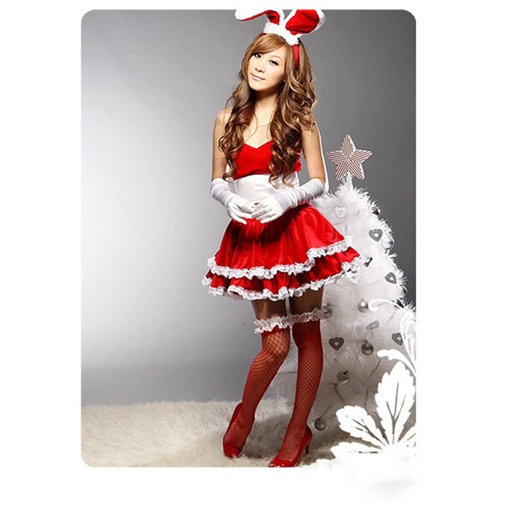 レディース　コスチューム　ミニワンピ　ベアトップ　ウサギ耳　ベルト・長手袋付き　イベント　本格派　公演　演劇　ステージ　コスプレ　衣装　仮装　パーティ　レッド　ピンク　ブラック　送料無料