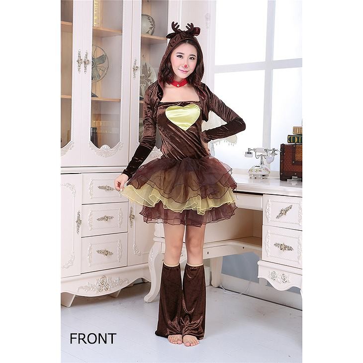 レディース　コスチューム　トナカイ　ミニワンピース　ティアードフリル　長袖　足カバー付き　イベント　本格派　公演　演劇　ステージ　コスプレ　衣装　仮装　パーティ　送料無料