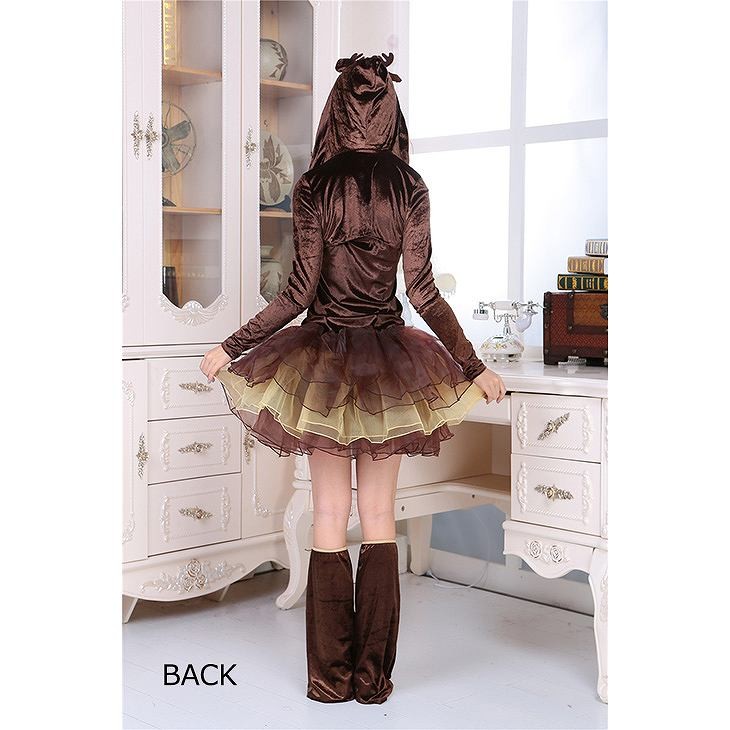 レディース　コスチューム　トナカイ　ミニワンピース　ティアードフリル　長袖　足カバー付き　イベント　本格派　公演　演劇　ステージ　コスプレ　衣装　仮装　パーティ　送料無料