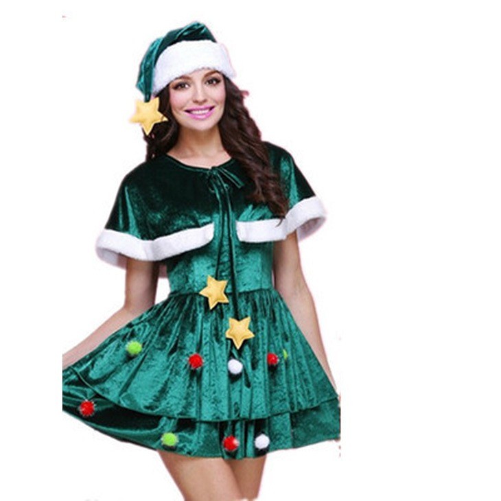 レディース　コスチューム　サンタクロース　ミニワンピース　ケープ・帽子付き　イベント　本格派　公演　演劇　ステージ　コスプレ　衣装　仮装　パーティ　グリーン　送料無料