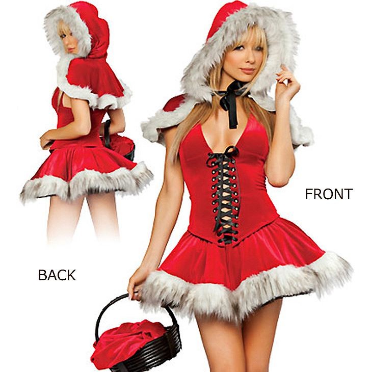 レディース　コスチューム　サンタクロース　ビスチェトップ　ミニスカート　フードケープ付き　イベント　本格派　公演　演劇　ステージ　コスプレ　衣装　仮装　パーティ　送料無料