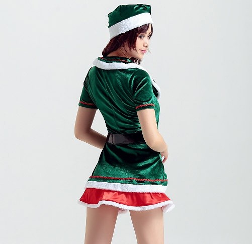 レディース　コスチューム　サンタクロース　帽子付き　ワンピース　ミニドレス　半袖　無地　イベント　本格派　公演　演劇　フリーサイズ　リアルデザイン　クリスマス会　ステージ　コスプレ　衣装　仮装　パーティ　グリーン　送料無料