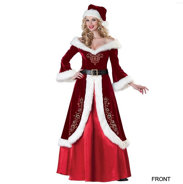 レディース　コスチューム　サンタクロース　プリンセスドレス　帽子付き　オフショルダー　ロング　無地　長袖　イベント　本格派　公演　演劇　フリーサイズ　クリスマス会　ステージ　コスプレ　衣装　仮装　パーティ　レッド　送料無料