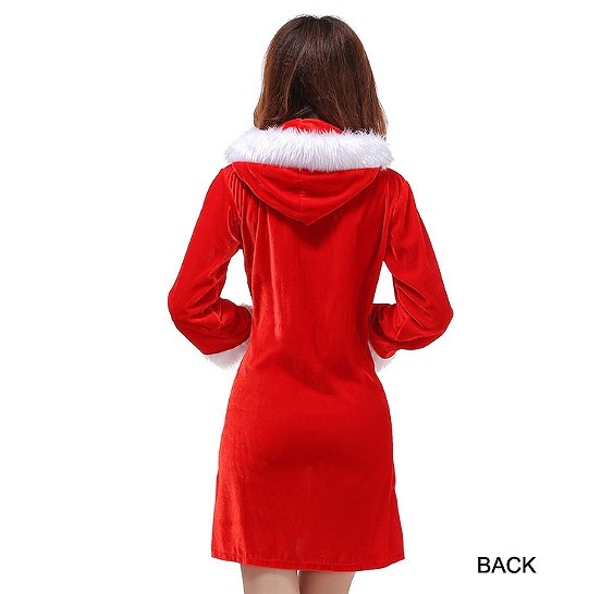 レディース　コスチューム　サンタクロース　フード付き　ワンピース　ミニドレス　ファー　長袖　タイト　無地　イベント　本格派　公演　演劇　フリーサイズ　リアルデザイン　クリスマス会　ステージ　コスプレ　衣装　仮装　パーティ　レッド　送料無料