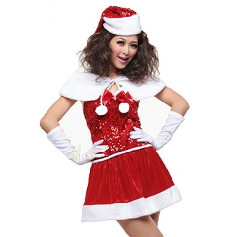 レディース　コスチューム　サンタクロース　ボア　襟巻き　帽子　手袋付き　リボン　ワンピース　無地　ノースリーブ　膝上丈　イベント　本格派　公演　演劇　フリーサイズ　クリスマス会　ステージ　コスプレ　衣装　仮装　パーティ　レッド　送料無料