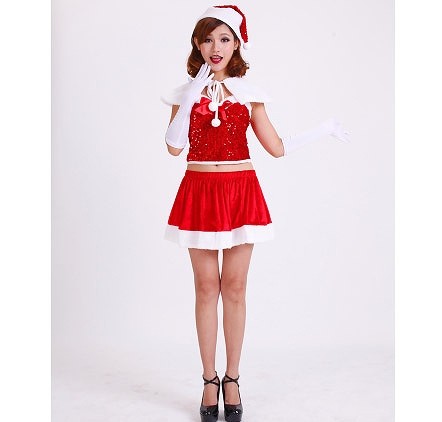 レディース　コスチューム　サンタクロース　ボア　襟巻き　帽子　手袋付き　リボン　ワンピース　無地　ノースリーブ　膝上丈　イベント　本格派　公演　演劇　フリーサイズ　クリスマス会　ステージ　コスプレ　衣装　仮装　パーティ　レッド　送料無料