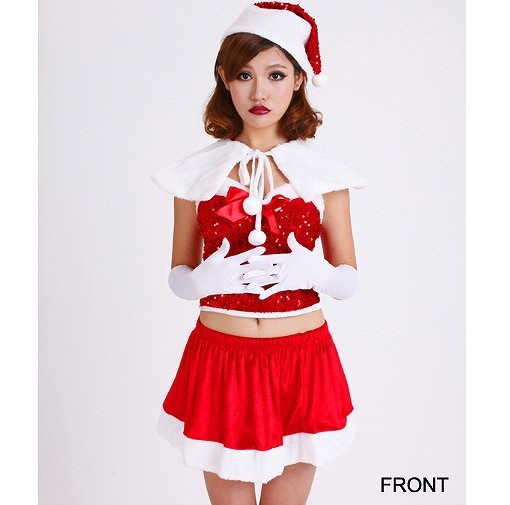 レディース　コスチューム　サンタクロース　ボア　襟巻き　帽子　手袋付き　リボン　ワンピース　無地　ノースリーブ　膝上丈　イベント　本格派　公演　演劇　フリーサイズ　クリスマス会　ステージ　コスプレ　衣装　仮装　パーティ　レッド　送料無料