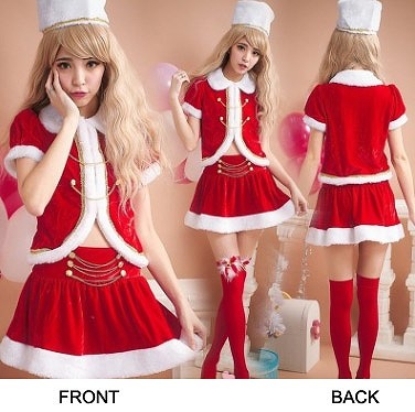 レディース　コスチューム　サンタクロース　ツーピース　ボア　帽子付き　半袖トップス&ミニスカート　へそ出し　無地　イベント　本格派　公演　演劇　フリーサイズ　リアルデザイン　クリスマス会　ステージ　コスプレ　衣装　仮装　パーティ　レッド　送料無料