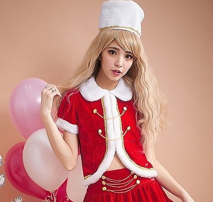 レディース　コスチューム　サンタクロース　ツーピース　ボア　帽子付き　半袖トップス&ミニスカート　へそ出し　無地　イベント　本格派　公演　演劇　フリーサイズ　リアルデザイン　クリスマス会　ステージ　コスプレ　衣装　仮装　パーティ　レッド　送料無料