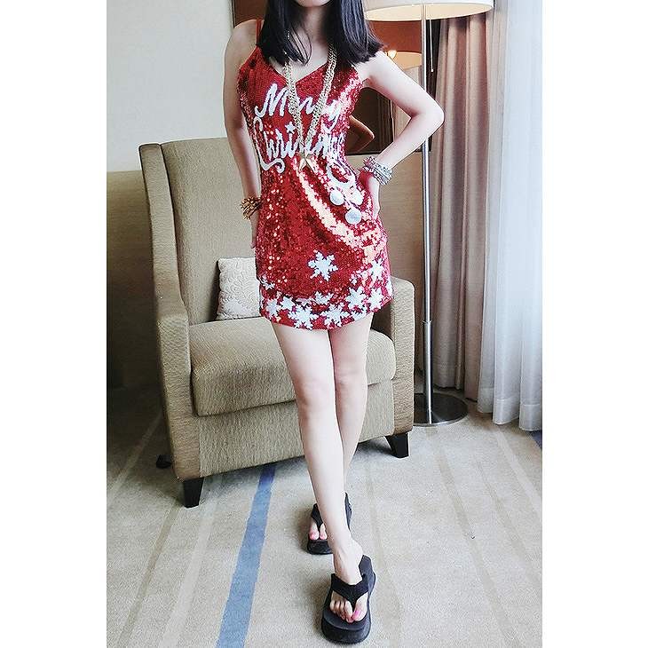 レディース　クリスマス　コスプレ　ワンピース　パーティー　イベント　レッド　ミニスカート　スパンコール　クリスマス会　衣装　コスチューム　ステージ　キャミ　送料無料