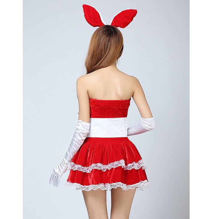 レディース　クリスマス　うさぎ　コスプレ　ワンピース　パーティー　イベント　レッド　ピンク　ブラック　　フリーサイズ　ミニスカート　バニーガール　ベアトップ　ベロア　リボン　レース　クリスマス会　衣装　コスチューム　ステージ　送料無料