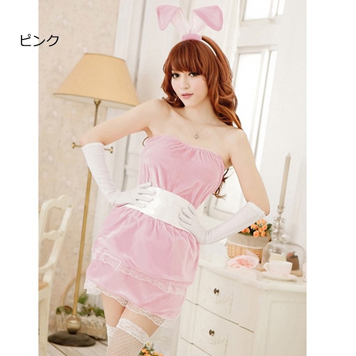 レディース　クリスマス　うさぎ　コスプレ　ワンピース　パーティー　イベント　レッド　ピンク　ブラック　　フリーサイズ　ミニスカート　バニーガール　ベアトップ　ベロア　リボン　レース　クリスマス会　衣装　コスチューム　ステージ　送料無料