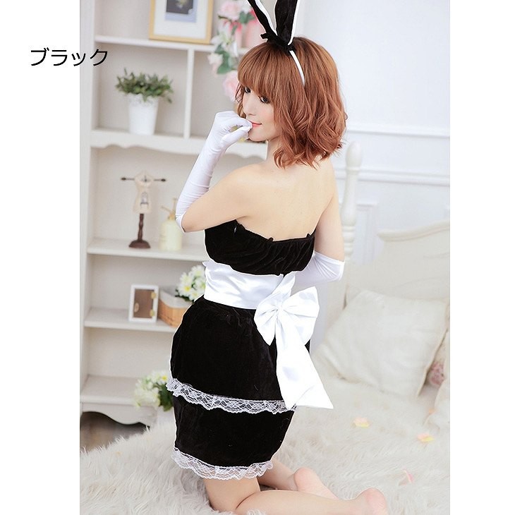 レディース　クリスマス　うさぎ　コスプレ　ワンピース　パーティー　イベント　レッド　ピンク　ブラック　　フリーサイズ　ミニスカート　バニーガール　ベアトップ　ベロア　リボン　レース　クリスマス会　衣装　コスチューム　ステージ　送料無料
