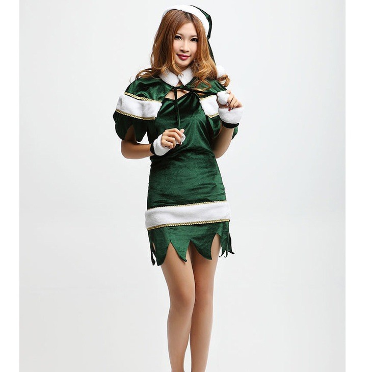 レディース　ワンピース　クリスマス　コスプレ　グリーン　リボン　ケープ　パーティー　イベント　ステージ　クリスマス会　ミニスカート　帽子　サンタ　送料無料