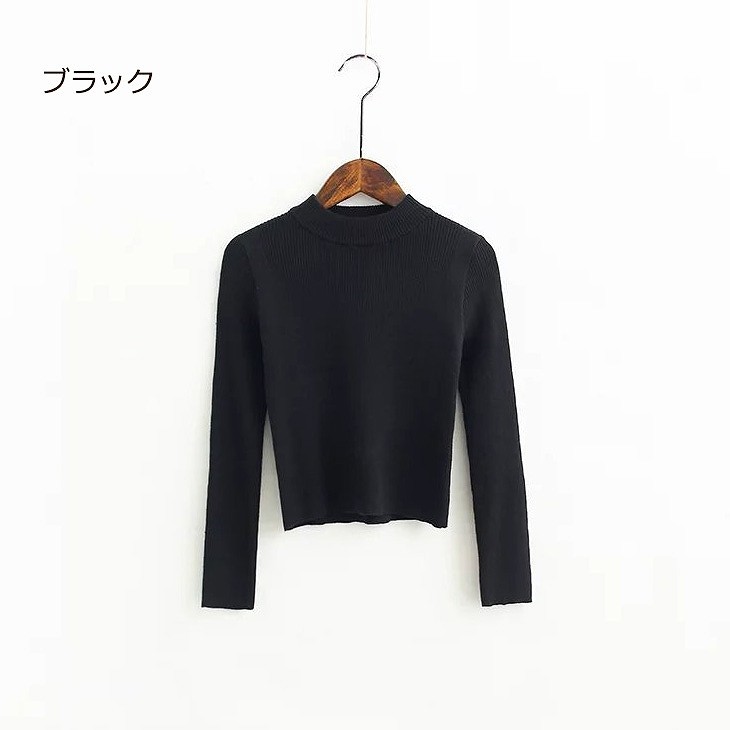 レディース　トップス　ニット　ショート　セーター　丸首　リブ　シンプル　大人カジュアル　プチプラコーデ　オフィス　長袖　ブラック　グレー　カーキ　ベージュ　送料無料