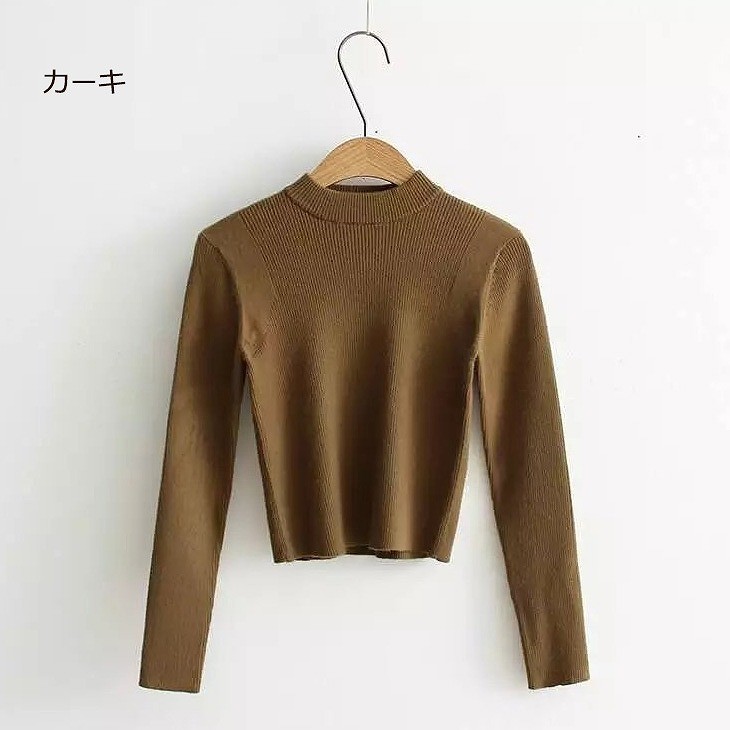 レディース　トップス　ニット　ショート　セーター　丸首　リブ　シンプル　大人カジュアル　プチプラコーデ　オフィス　長袖　ブラック　グレー　カーキ　ベージュ　送料無料