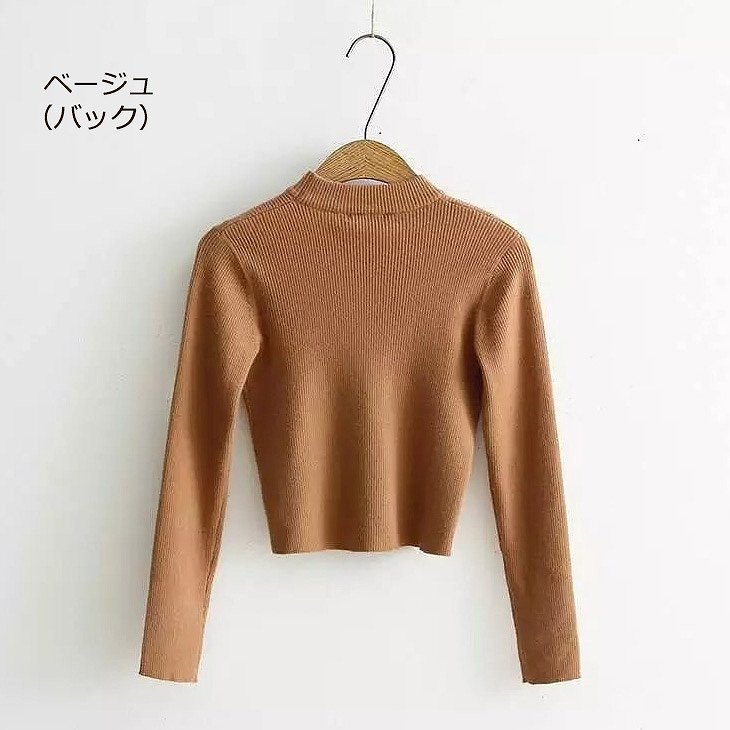 レディース　トップス　ニット　ショート　セーター　丸首　リブ　シンプル　大人カジュアル　プチプラコーデ　オフィス　長袖　ブラック　グレー　カーキ　ベージュ　送料無料