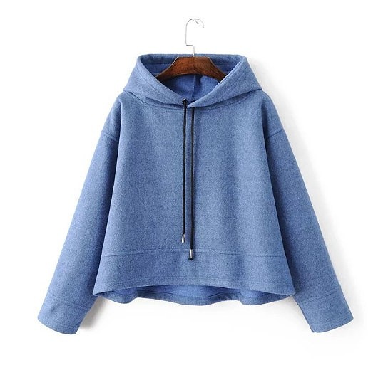レディース　羊毛混カットソー　長袖　フード付き　トップス　ゆったり　バットシルエット　ショート丈　大人可愛い　シンプル　デート　お出かけ　外出　デイリー　ブルー　送料無料