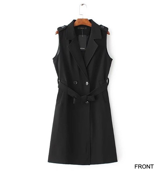 レディース　トレンチコート　ノースリーブ　ベルト付き　ルダンゴト　アウター　大人可愛い　シンプル　デート　お出かけ　普段使い　外出　デイリー　ブラック　送料無料