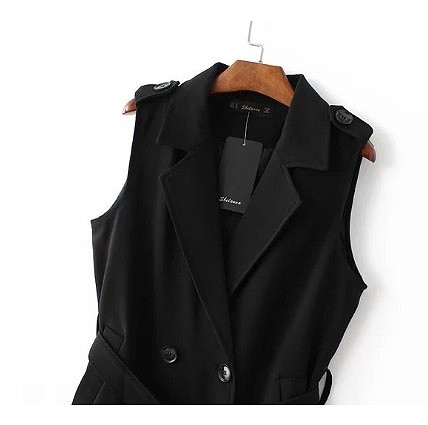 レディース　トレンチコート　ノースリーブ　ベルト付き　ルダンゴト　アウター　大人可愛い　シンプル　デート　お出かけ　普段使い　外出　デイリー　ブラック　送料無料