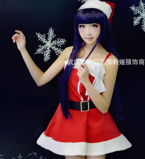 レディース　コスチューム　サンタ　ミニワンピース　ベアトップ　帽子　リボン　ベルト　俺妹黒猫　コスプレ　イベント　ステージ　舞台　演劇　衣装　レッド　送料無料