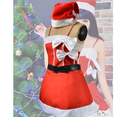 レディース　コスチューム　サンタ　ミニワンピース　ベアトップ　帽子　リボン　ベルト　俺妹黒猫　コスプレ　イベント　ステージ　舞台　演劇　衣装　レッド　送料無料
