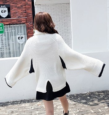 レディース　トップス　ニット　ハイネック　セーター　長袖　無地　スリット　個性的　カジュアル　大人可愛い　フリーサイズ　フェミニン　オフィス　仕事　デート　お出かけ　デイリー　普段着　ホワイト　ブラウン　送料無料