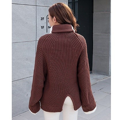 レディース　トップス　ニット　ハイネック　セーター　長袖　無地　スリット　個性的　カジュアル　大人可愛い　フリーサイズ　フェミニン　オフィス　仕事　デート　お出かけ　デイリー　普段着　ホワイト　ブラウン　送料無料