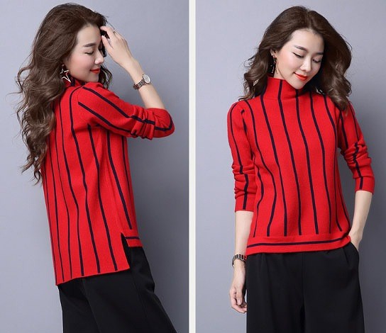 レディース　トップス　ハイネック　カットソー　長袖　ストライプ　ゆったり　ロングテール　カジュアル　大人可愛い　大きいサイズ　フェミニン　オフィス　仕事　デート　お出かけ　デイリー　普段着　ブラック　レッド　ネイビー　送料無料