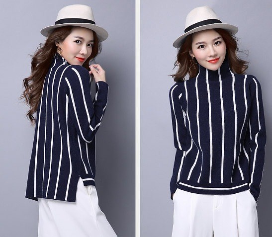 レディース　トップス　ハイネック　カットソー　長袖　ストライプ　ゆったり　ロングテール　カジュアル　大人可愛い　大きいサイズ　フェミニン　オフィス　仕事　デート　お出かけ　デイリー　普段着　ブラック　レッド　ネイビー　送料無料