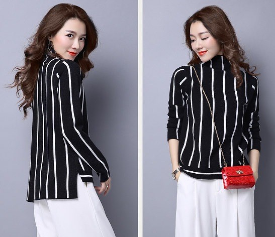 レディース　トップス　ハイネック　カットソー　長袖　ストライプ　ゆったり　ロングテール　カジュアル　大人可愛い　大きいサイズ　フェミニン　オフィス　仕事　デート　お出かけ　デイリー　普段着　ブラック　レッド　ネイビー　送料無料