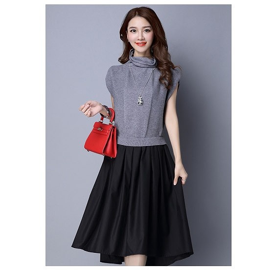 レディース　ノースリーブ　ワンピース　無地　オフタートル　フィッシュテール　フレア　ミモレ丈　ゆったり　大人カジュアル　シック　大きいサイズ　シンプル　リゾート　普段着　デイリー　お出かけ　デート　グレー　レッド　ブラック　送料無料
