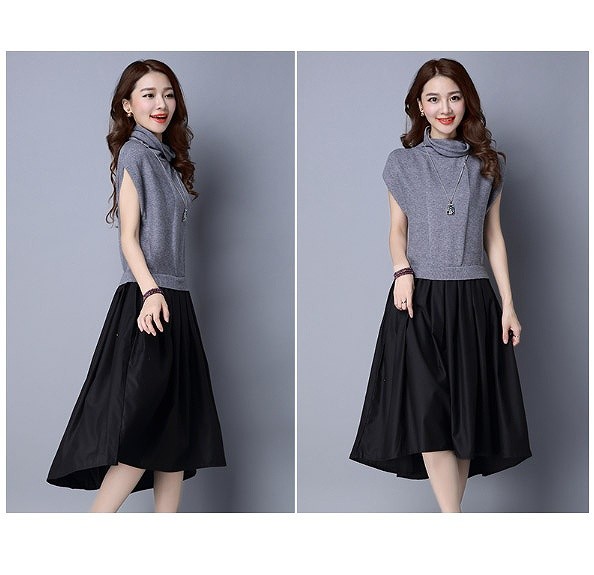 レディース　ノースリーブ　ワンピース　無地　オフタートル　フィッシュテール　フレア　ミモレ丈　ゆったり　大人カジュアル　シック　大きいサイズ　シンプル　リゾート　普段着　デイリー　お出かけ　デート　グレー　レッド　ブラック　送料無料