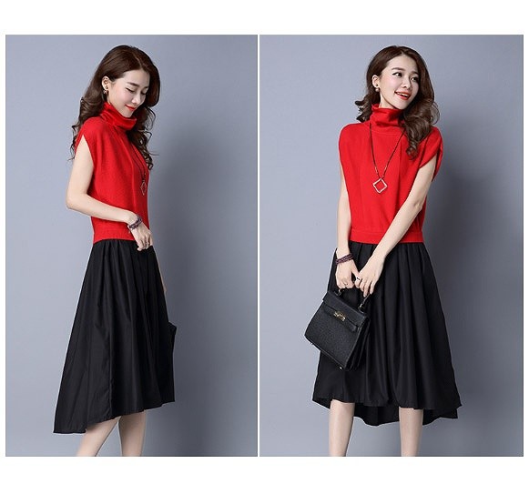 レディース　ノースリーブ　ワンピース　無地　オフタートル　フィッシュテール　フレア　ミモレ丈　ゆったり　大人カジュアル　シック　大きいサイズ　シンプル　リゾート　普段着　デイリー　お出かけ　デート　グレー　レッド　ブラック　送料無料